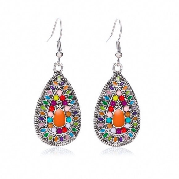 Vibrant Boho Silver Teardrop Earrings - Picture 4 of 6